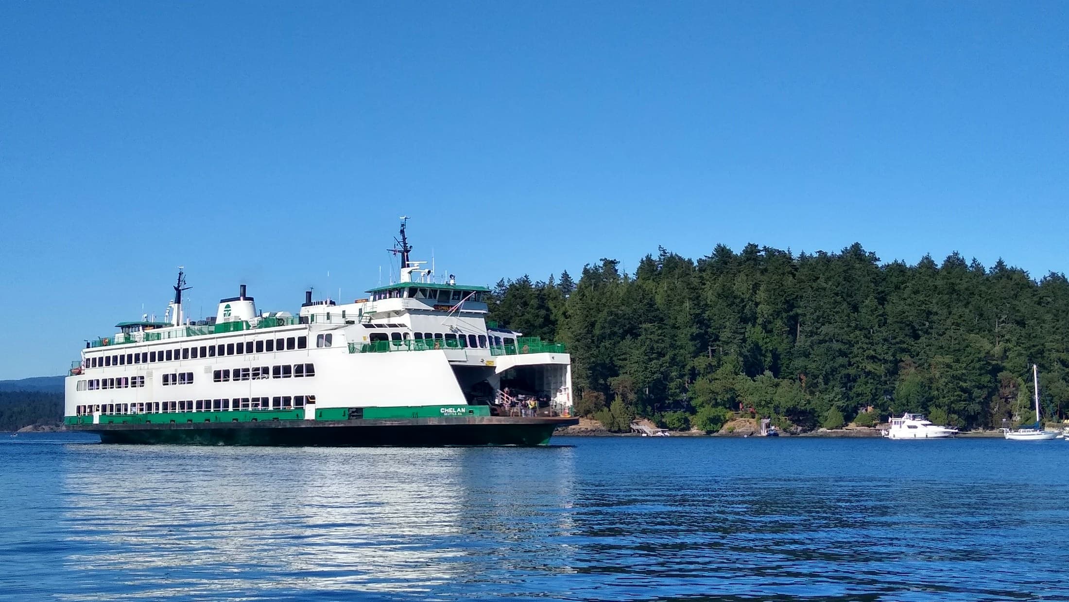 Bright daytime ferry scene in the San Juan Islands